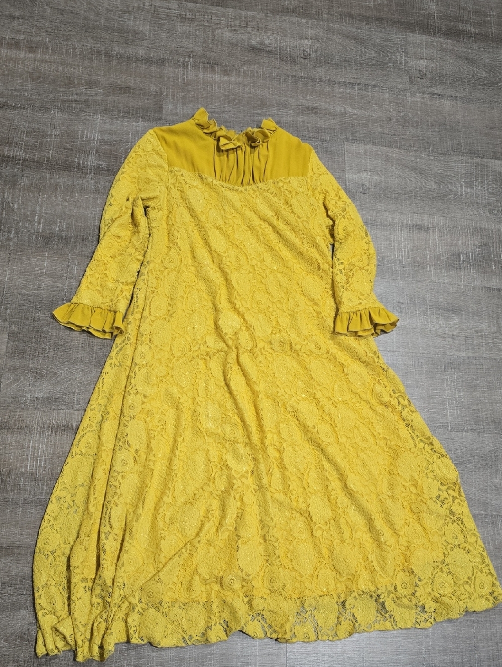 Mustard Yellow Lace Long-Sleeve Ruffle-Neck Dress